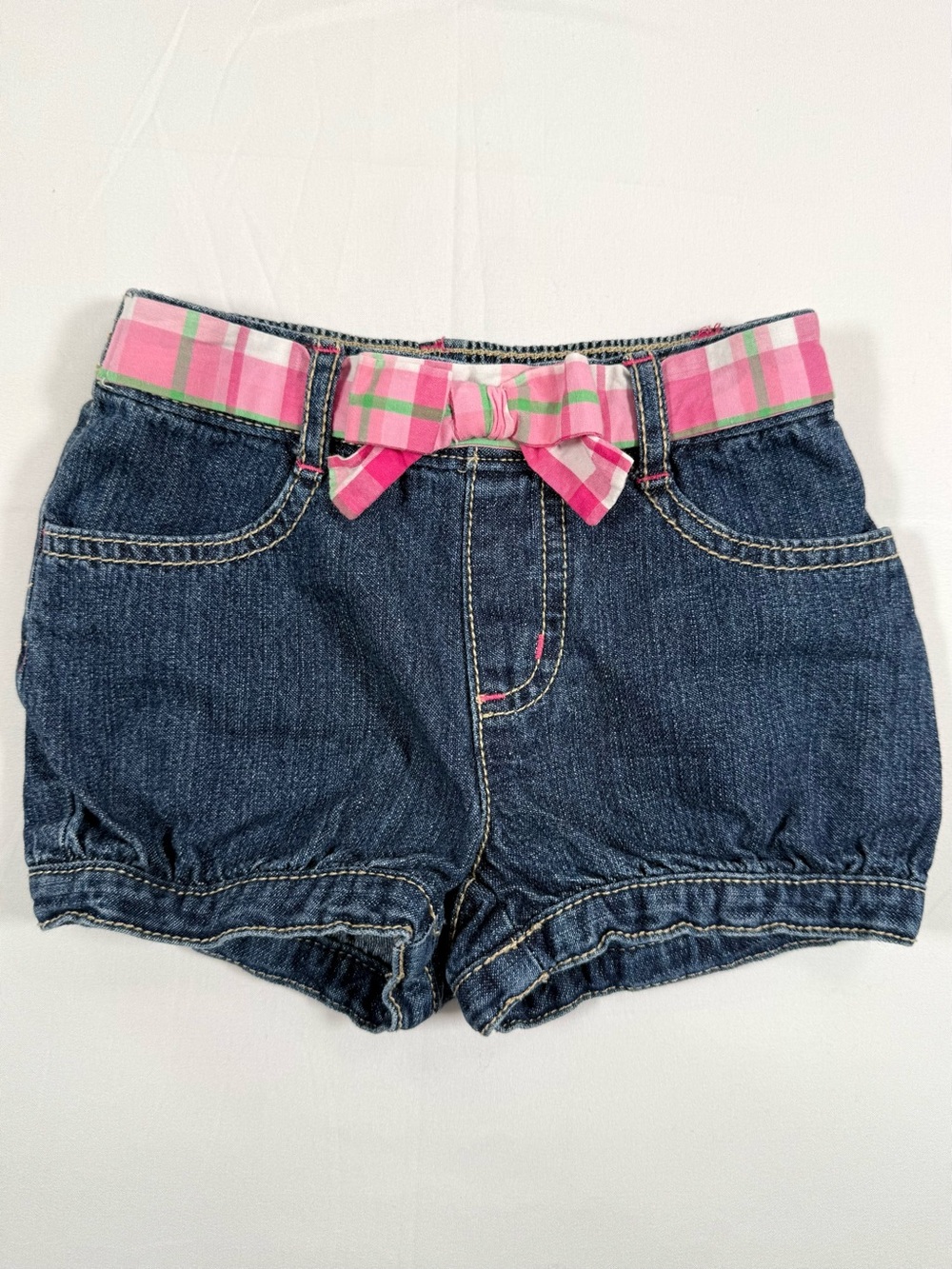 GYMBOREE Girls Bubble Hem Denim Shorts 18-24m Plaid Bow Belt Preppy Cottagecore